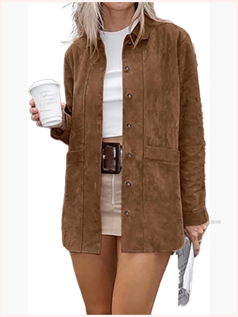 Women's Faux Suede Button Down Shirt Shacket Casual Oversized Blouses Long